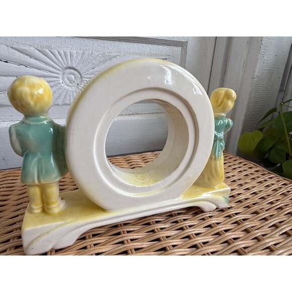 Antique 30s Porcelain Clock Case Frame Boy Girl on ends Roses Green Yellow - Picture 11 of 11